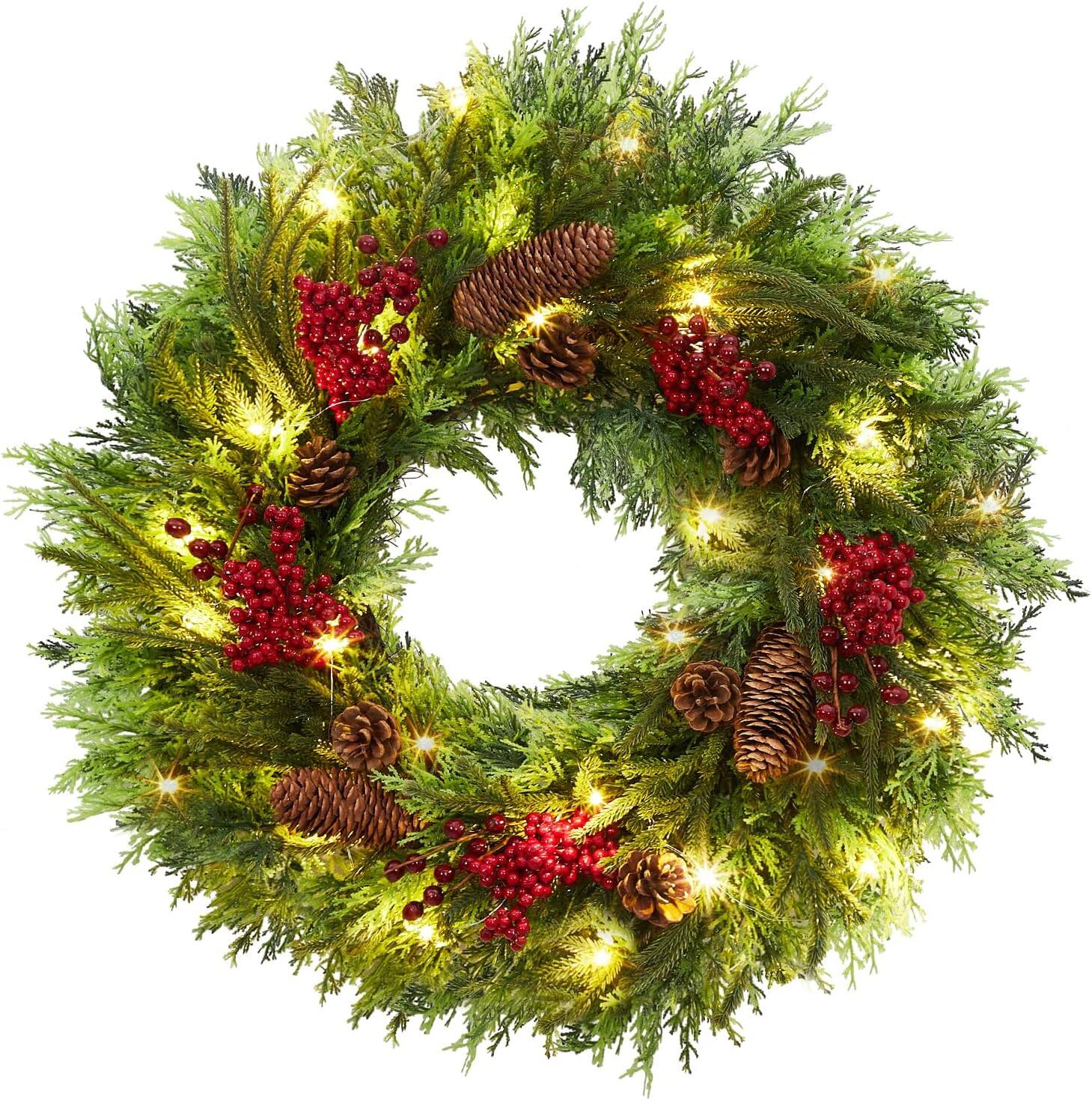 GARVEE - 22" Artificial Christmas Wreath, Pre-Lit Xmas Wreath with Red Berries, Lighted Christmas Wreath for Front Door Decor - Green
