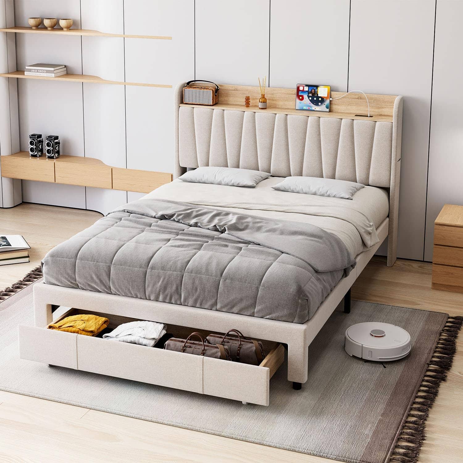 GARVEE - Upholstered Platform Bed with Storage Headboard, Drawer & Charging Station, Wood Slat Support - Beige
