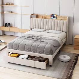 GARVEE - Upholstered Bed Frame with Drawer and Storage Headboard, Wooden Slats Support, Modern Platform Base - Beige