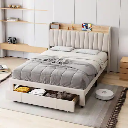 Front. GARVEE - Upholstered Platform Bed with Storage Headboard, Drawer & Charging Station, Wood Slat Support - Beige.