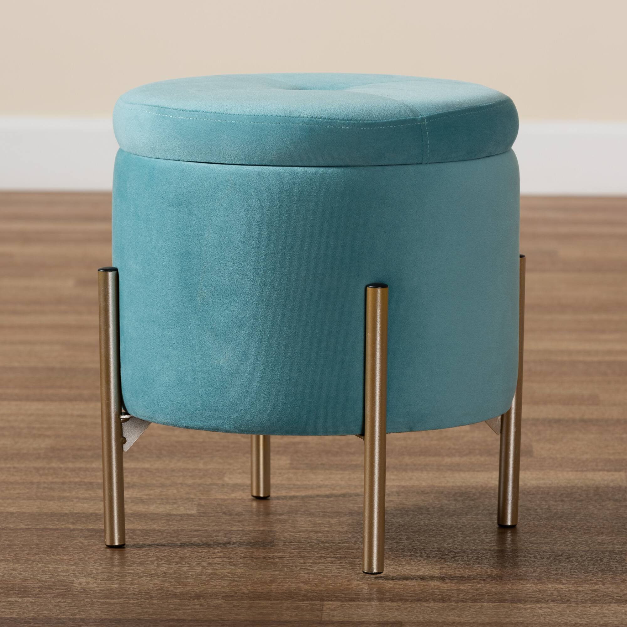 Alt View 5. Baxton Studio - Malina Contemporary Glam and Luxe Velvet Fabric Upholstered and Gold Finished Metal Storage Ottoman - Sky Blue/Gold.