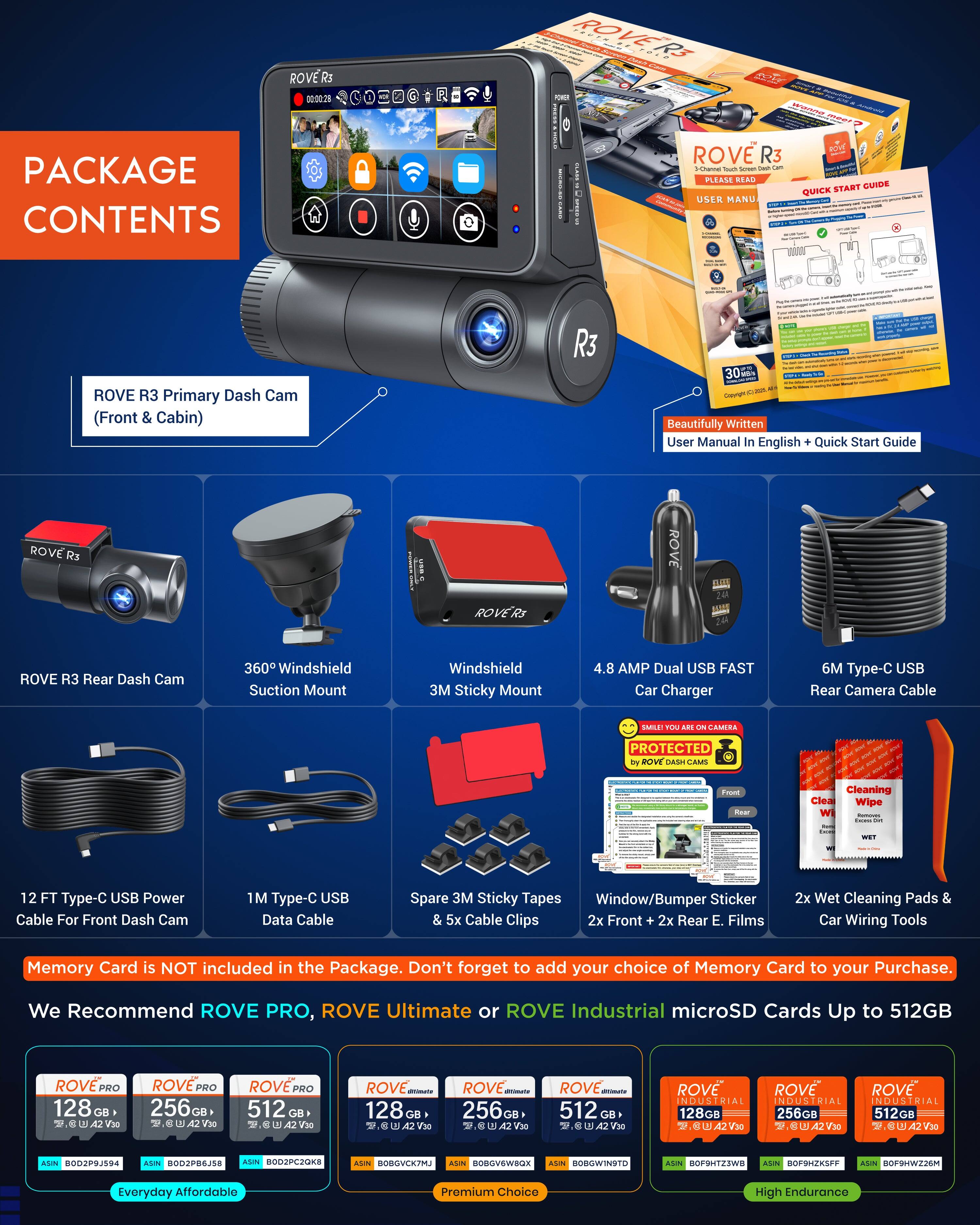 **PACKAGE CONTENTS**

- ROVE R3 Primary Dash Cam (Front & Cabin)
- ROVE R3 Rear Dash Cam
- 360° Windshield Suction Mount
- Windshield 3M Sticky Mount
- 4.8 AMP Dual USB FAST Car Charger
- 6M Type-C USB Rear Camera Cable
- 12 FT Type-C USB Power Cable For Front Dash Cam
- 1M Type-C USB Data Cable
- Spare 3M Sticky Tapes & 5x Cable Clips
- Window/Bumper Sticker 2x Front + 2x Rear E. Films
- 2x Wet Cleaning Pads & Car Wiring Tools
- Beautifully Written User Manual In English + Quick Start Guide

**Memory Card is NOT included in the Package. Don't forget to add your choice of Memory Card to your Purchase. We Recommend ROVE PRO, ROVE Ultimate or ROVE Industrial microSD Cards Up to 512GB**

- ROVE PRO 128 GB
- ROVE PRO 256 GB
- ROVE PRO 512 GB
- ROVE Ultimate 128 GB
- ROVE Ultimate 256 GB
- RO