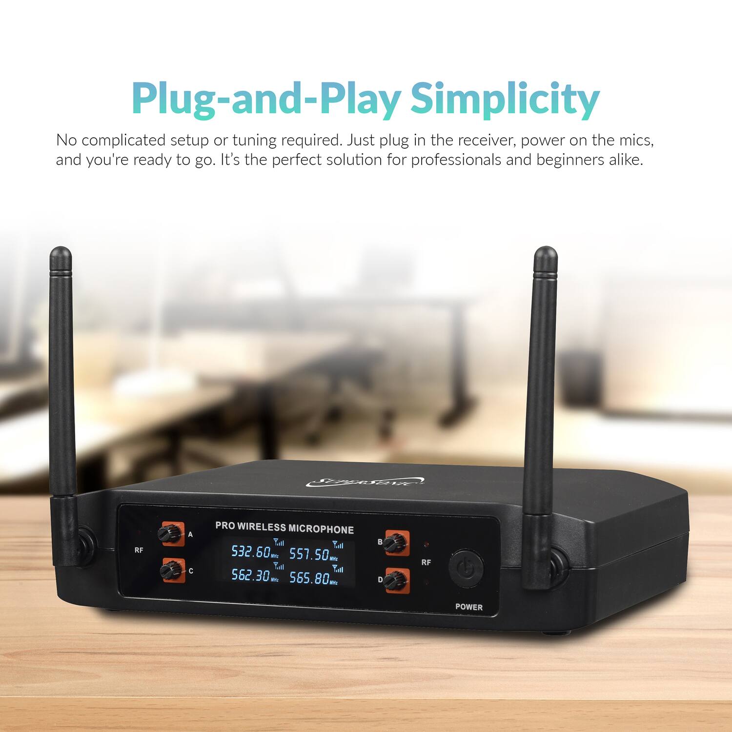 Plug-and-Play Simplicity  
No complicated setup or tuning required. Just plug in the receiver, power on the mics, and you're ready to go. It's the perfect solution for professionals and beginners alike.  

RF A C PRO WIRELESS MICROPHONE  
Td Lal 532.60 an 557.50 - Tal Lall 562.30 an 565.80 - a RF POWER