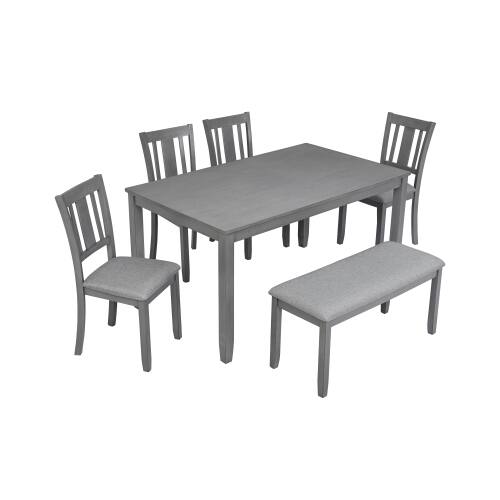 Alt View 5. LUCKY ONE - 6-Piece Dining Set with 58.5" Rectangular Dining Table, Bench and 4 Slatted backrest Chairs - Gray.