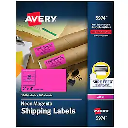 Avery - Sure Feed Laser Shipping Labels, 2"x 4", 1,000 Labels/Box - Neon Magenta