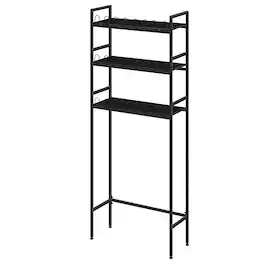 Oumilen - 3-Tier Over-The-Toilet Storage Shelf, Black Metal and Wood Bathroom Organizer with Anti-Fall Fence and Adjustable Feet - Black