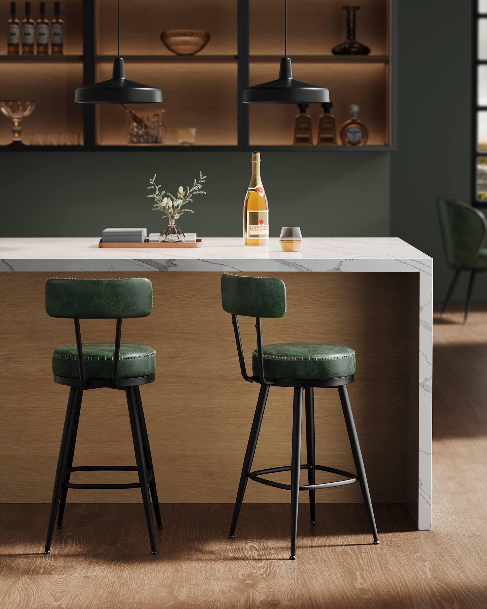 Left. Songmics Home - Bar Stools Set of 2, Swivel Counter Height Bar Stools with Back, Synthetic Leather with Stitching, Mid-Century Modern - Forest.