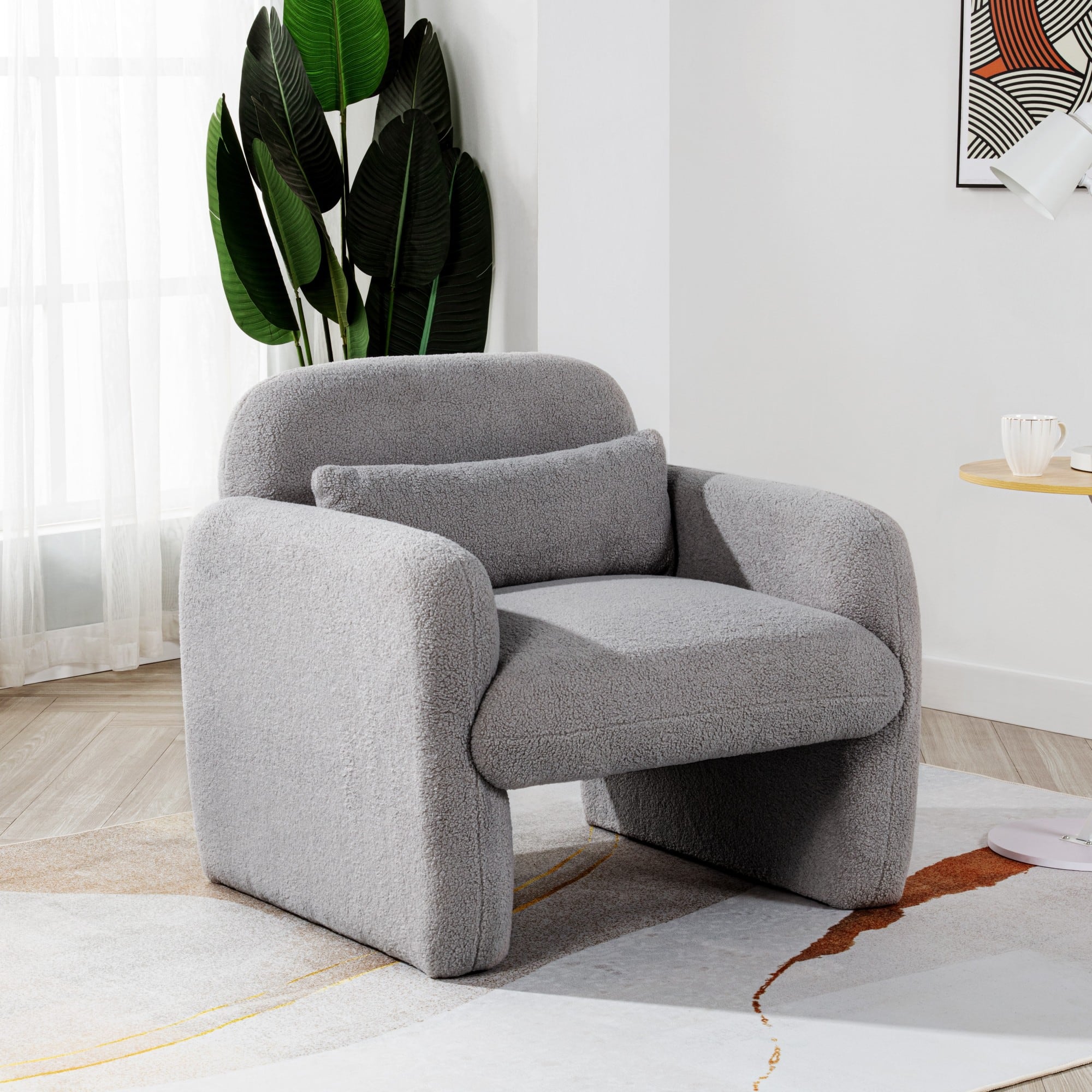 GOODSILO - Minimalist Teddy Fleece Single Sofa Chair with Arms and Pillow for Living Room, Bedroom, Study - Gray