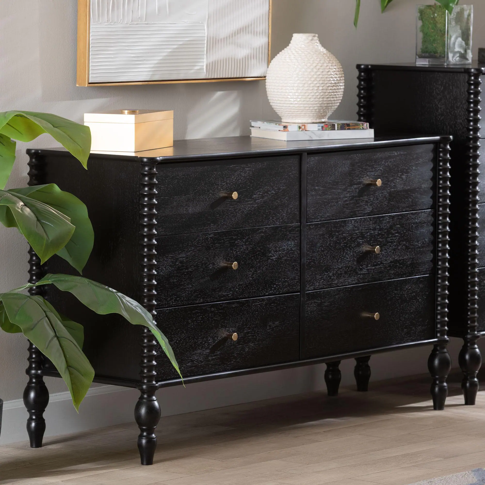 Alt View 5. Baxton Studio - Callison Spindle Dresser - 6-Drawer Farmhouse Horizontal Cabinet with Turned Accents for Bedroom, - Black.