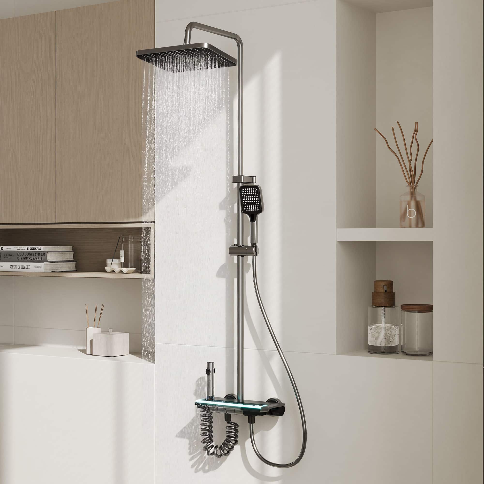 Famapy - Thermostatic Shower System with LED Temperature Display, 4-Mode Piano Button Rainfall Shower Combo - Gunmetal Gray