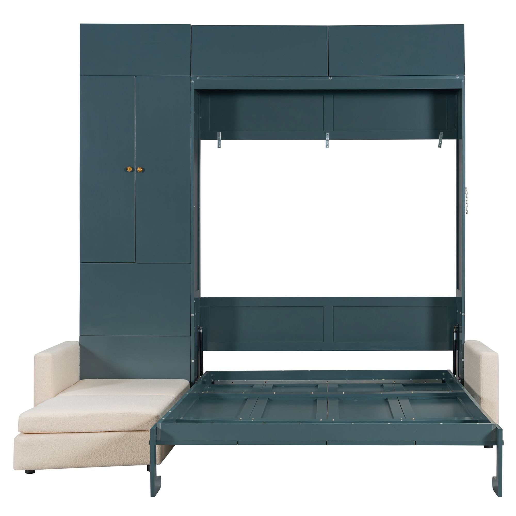 Alt View 2. Anysun - Queen Size Murphy Bed Wall Bed with Sofa and Shelves,Green Panel - Beige.