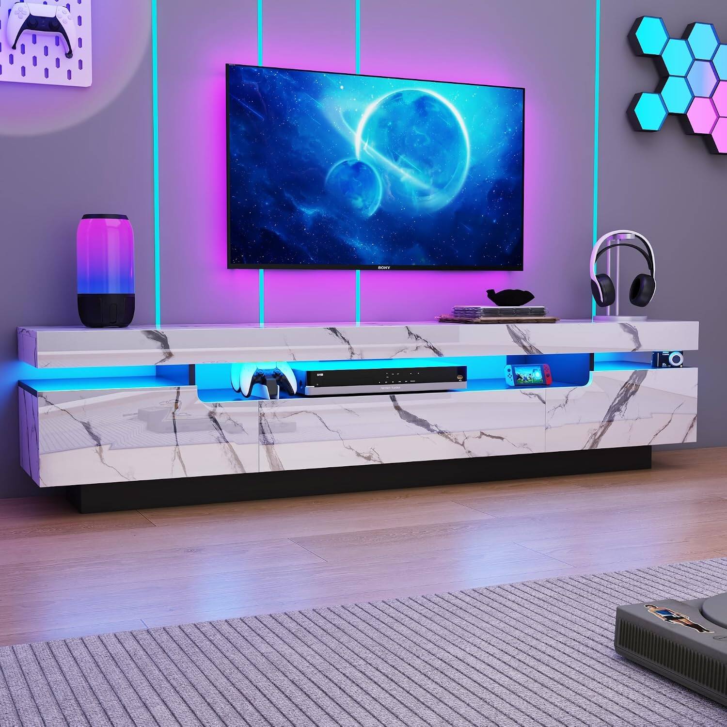 Angle. Espafurni - 70.9" TV Stand for 75 - 80" TVs - Modern LED Storage Drawer, APP - RGB Light - Marbling White.
