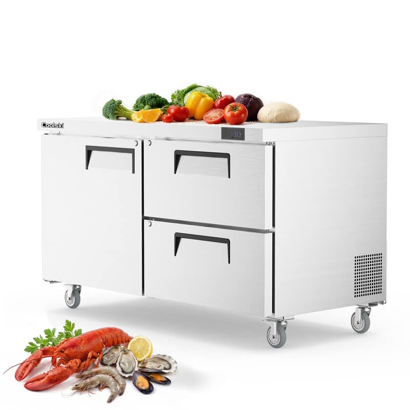 Coolski - 60 in. Commercial Undercounter Worktop Refrigerator With Double Drawer, 15.3 cu. ft. Food Prep Station - Stainless Steel