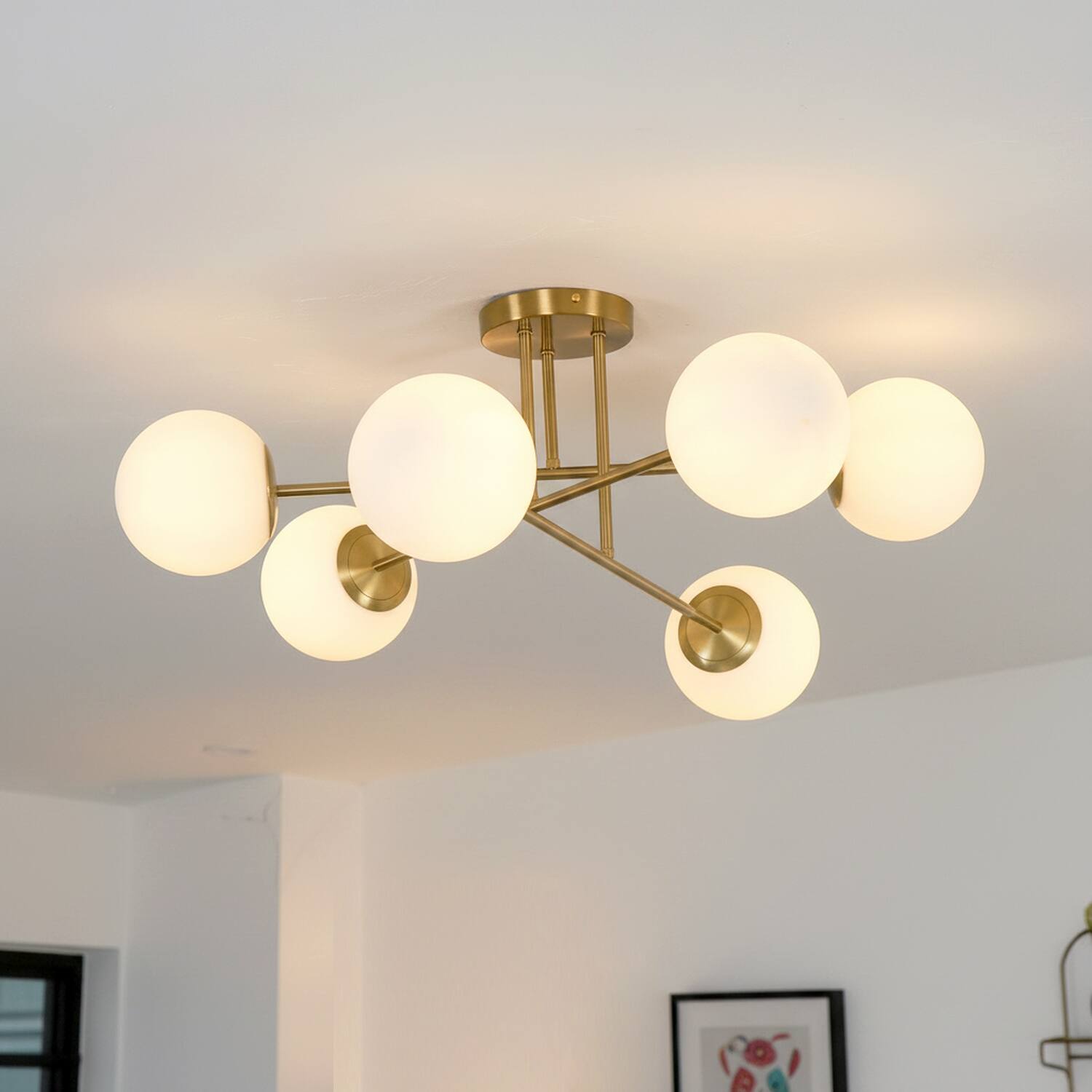 Angle. Umeiluce - Modern 6-Light 30.7 Inches Semi-Flush Mount Glass Globes E12 - Brass.