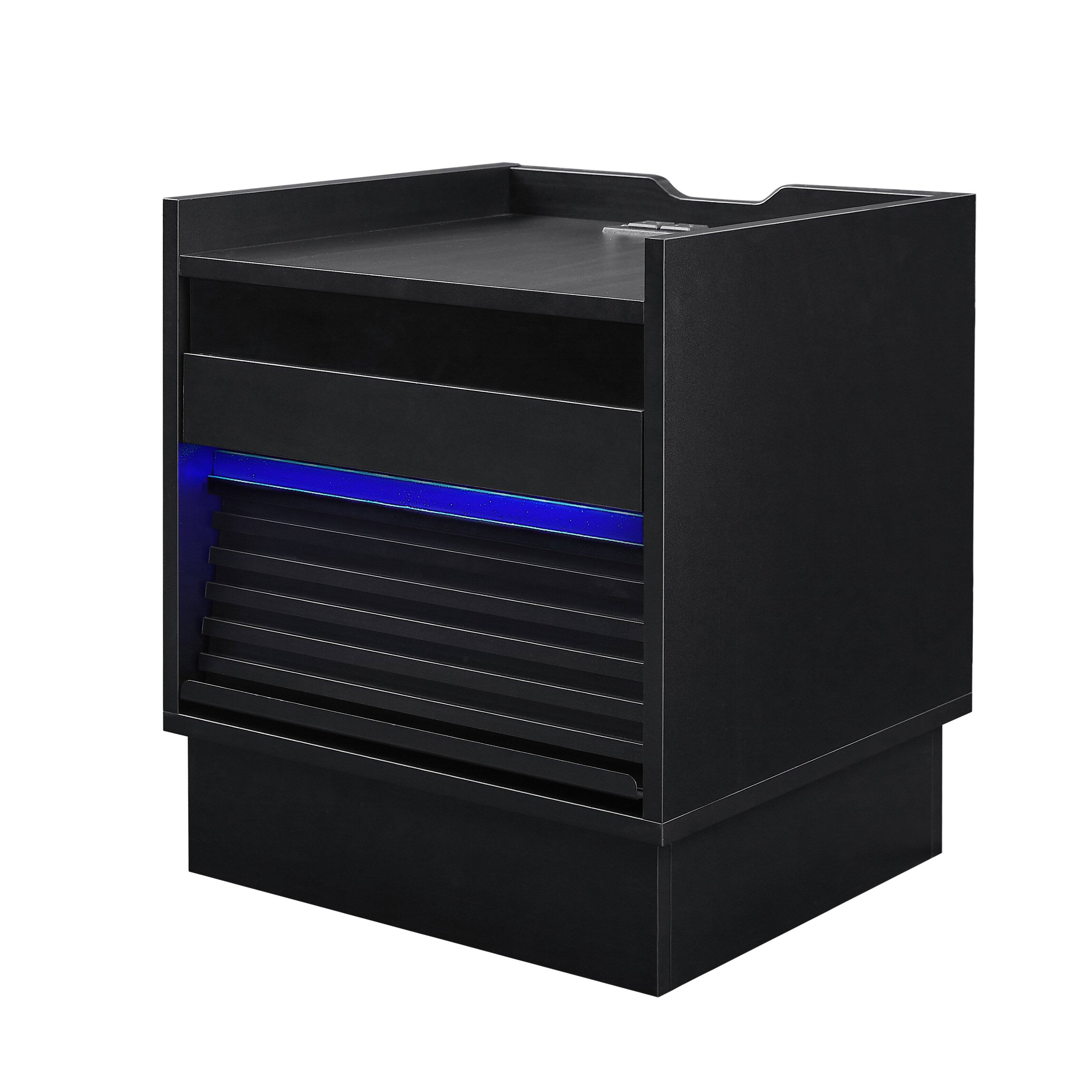 Angle. Whisen - Mid-Century Modern Nightstand with Charging Station,LED Lights and 2 Drawers for Bedroom Storage - Black.
