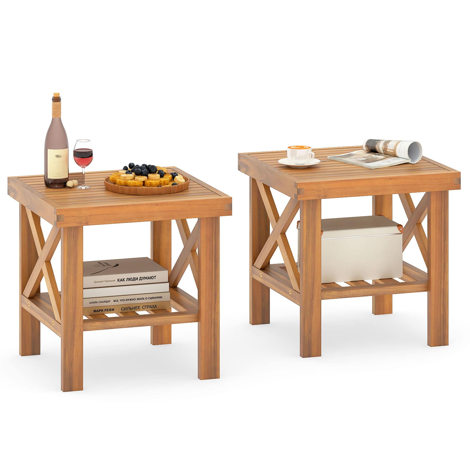 Gymax - 2PCS Outdoor Side Table Acacia Wood Adirondack Table w/ Storage Shelf Natural - Yellow