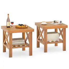 Gymax - 2PCS Outdoor Side Table Acacia Wood Adirondack Table w/ Storage Shelf Natural - Yellow