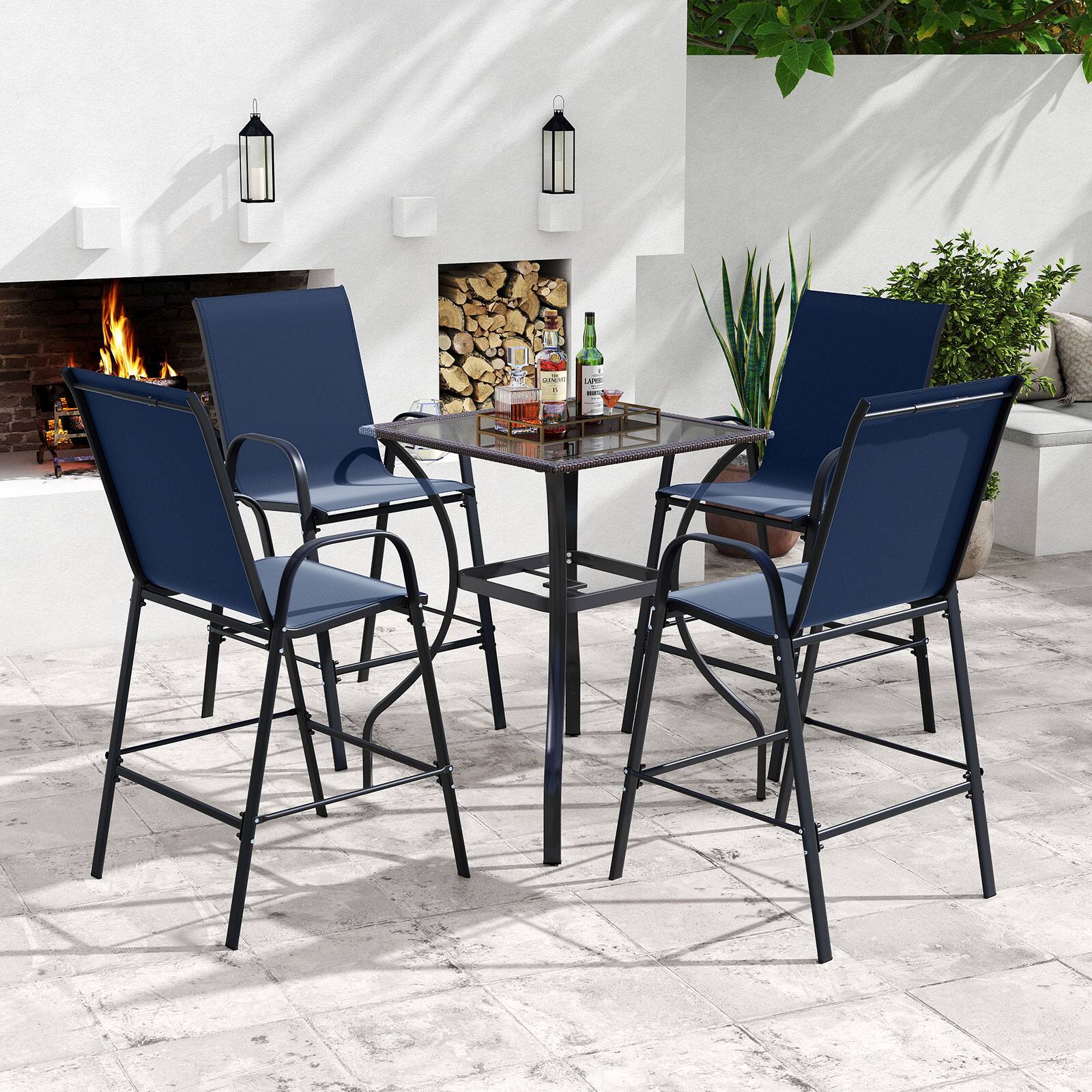 Alt View 7. Gymax - Gymax 4PCS Outdoor Bar Stools 29'' Fabric Bar Height Stools w/ Armrests & Footrest Navy - Navy.