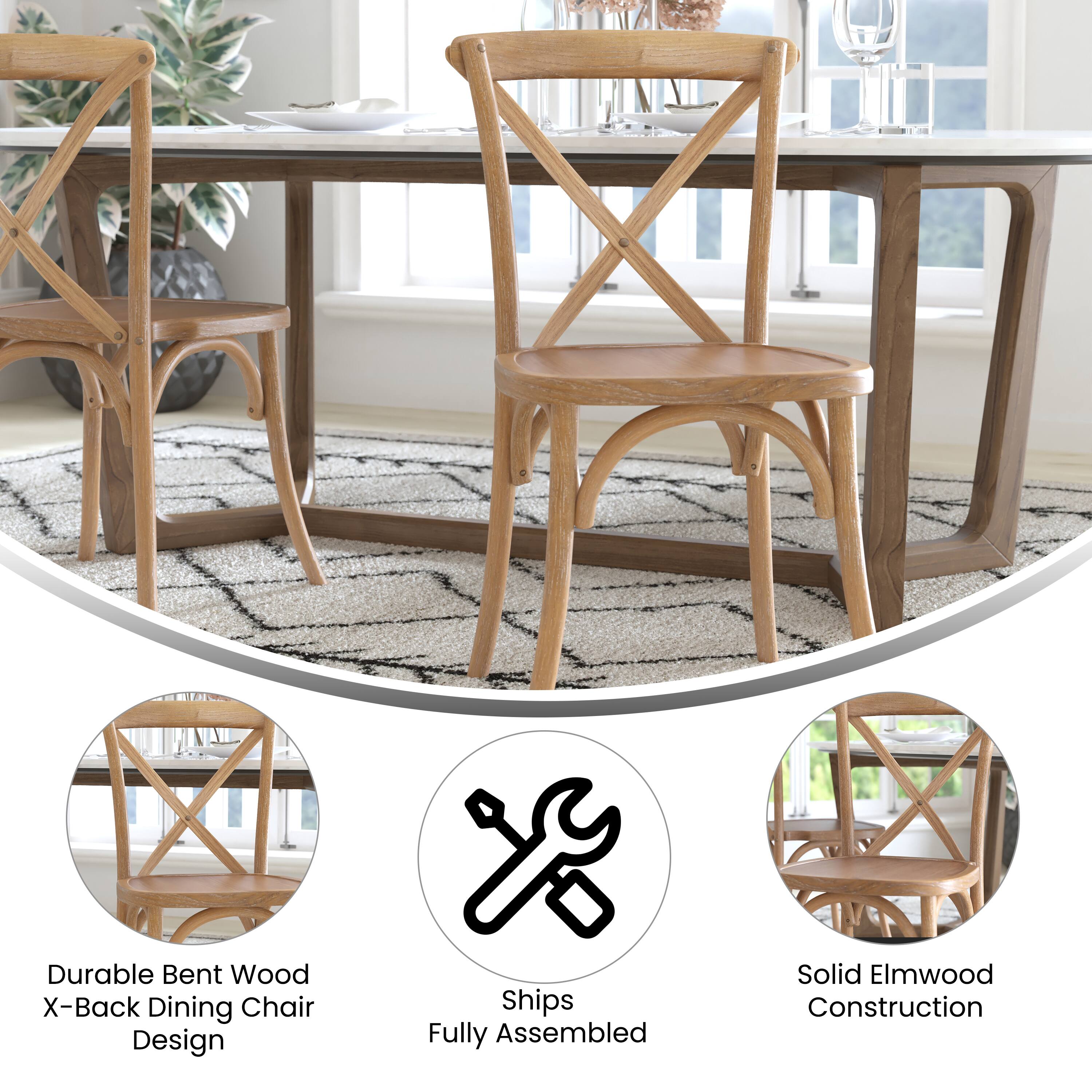 Durable Bent Wood X-Back Dining Chair Design  
Ships Fully Assembled  
Solid Elmwood Construction