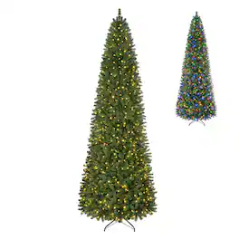WELLFOR - 9ft Pre‑lit Pencil Alpine Artificial Christmas Tree with 1345 PE‑PVC Branch Tips & 550 Dual‑Color LED Lights - Green