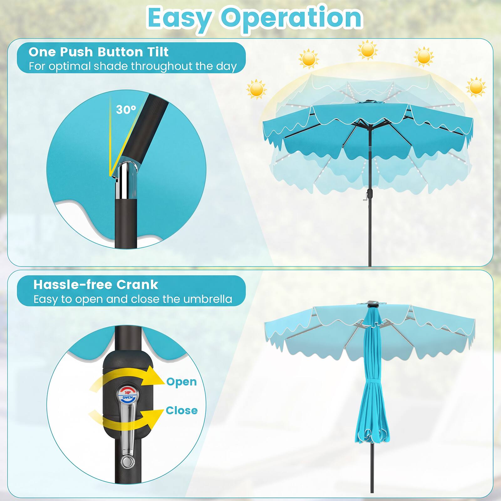 Easy Operation

One Push Button Tilt  
For optimal shade throughout the day

Hassle-free Crank  
Easy to open and close the umbrella

Open  
Close