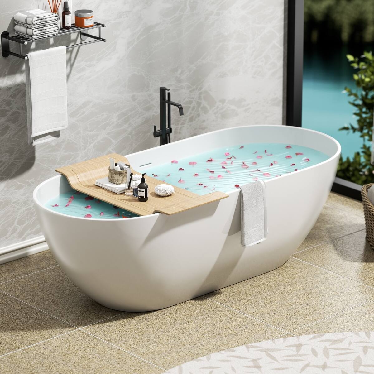 Alt View 7. Loheer - Loheer 59 Inch Freestanding Soaking Bathtub Matte White Solid Surface Tub with Overflow Center Drain - Matte White.