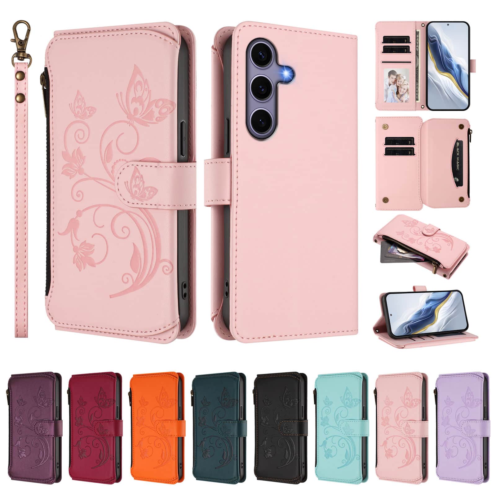 Dteck - Crossbody Wallet Case for Samsung Galaxy S25,Embossed Butterfly Flower Folio PU Leather Cover with Zipper Pocket+Strap - Pink price history on PriceWatchPro