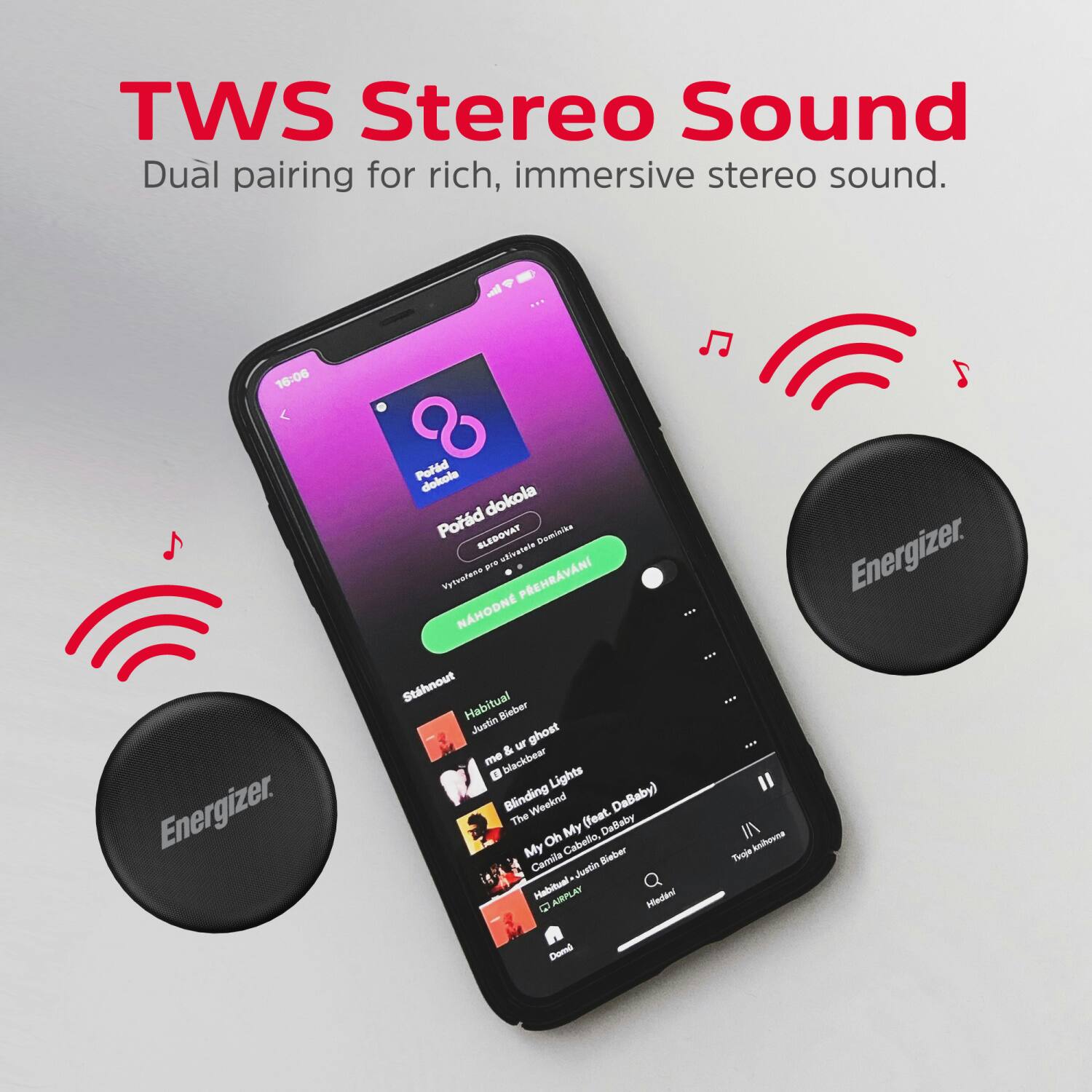 TWS Stereo Sound  
Dual pairing for rich, immersive stereo sound.  

16:06  
Energizer  
Portid dokola dokola  
Porad BLEDOVAT nothngmtinscribe univaneie - Veleofena  
PREHRVANI NAHODNE  
Stahnout  
Habitual Bieber Justin ghost & ur om blackbear B Lights Blinding Weeknd DaBaby) The (feat. Dallabry Oh My My Cabello, Bieber Camila Justin Habitual ARRPLAY Inledani e ... anvtfnl Tenja Energizer.