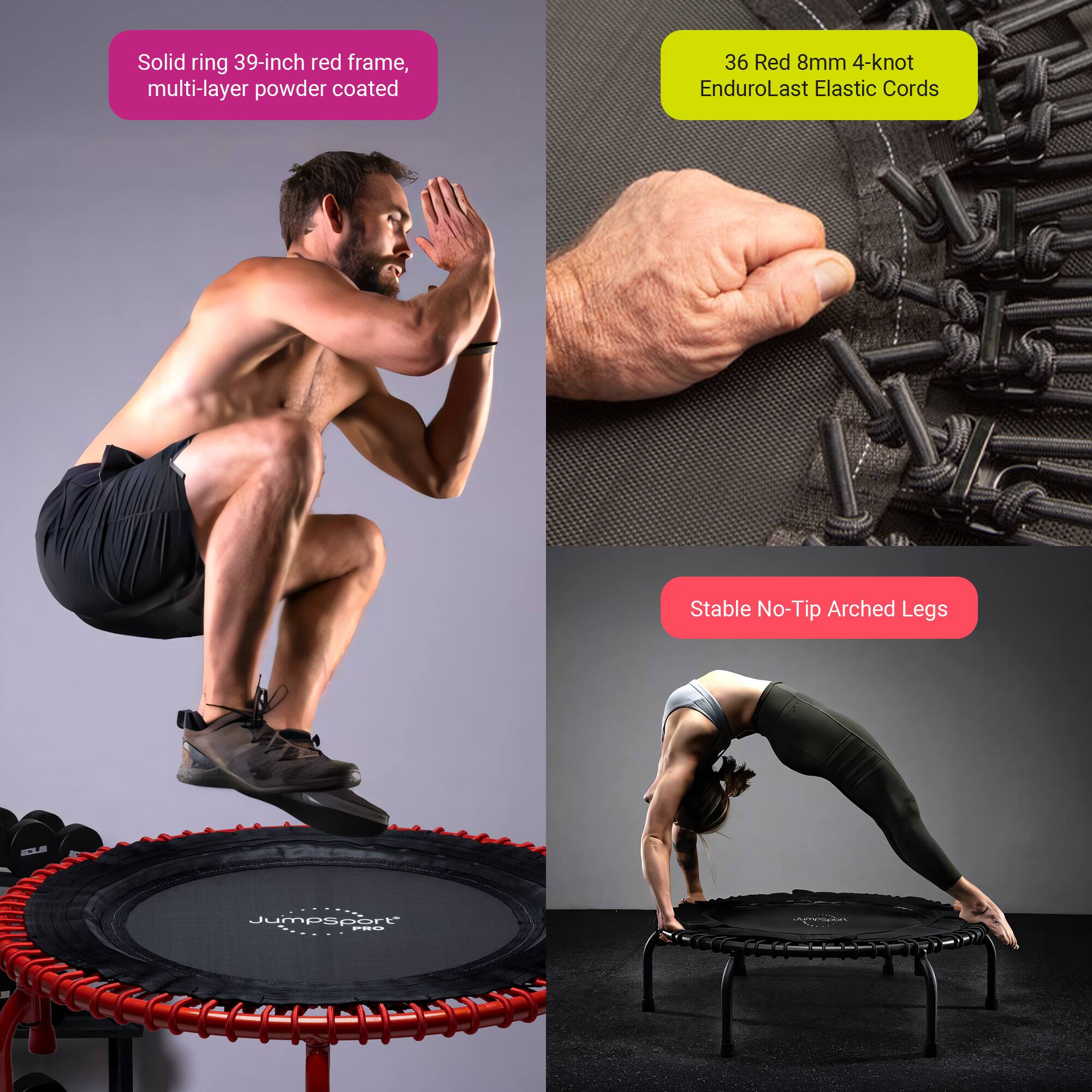 Solid ring 39-inch red frame, multi-layer powder coated  
36 Red 8mm 4-knot EnduroLast Elastic Cords  
Stable No-Tip Arched Legs