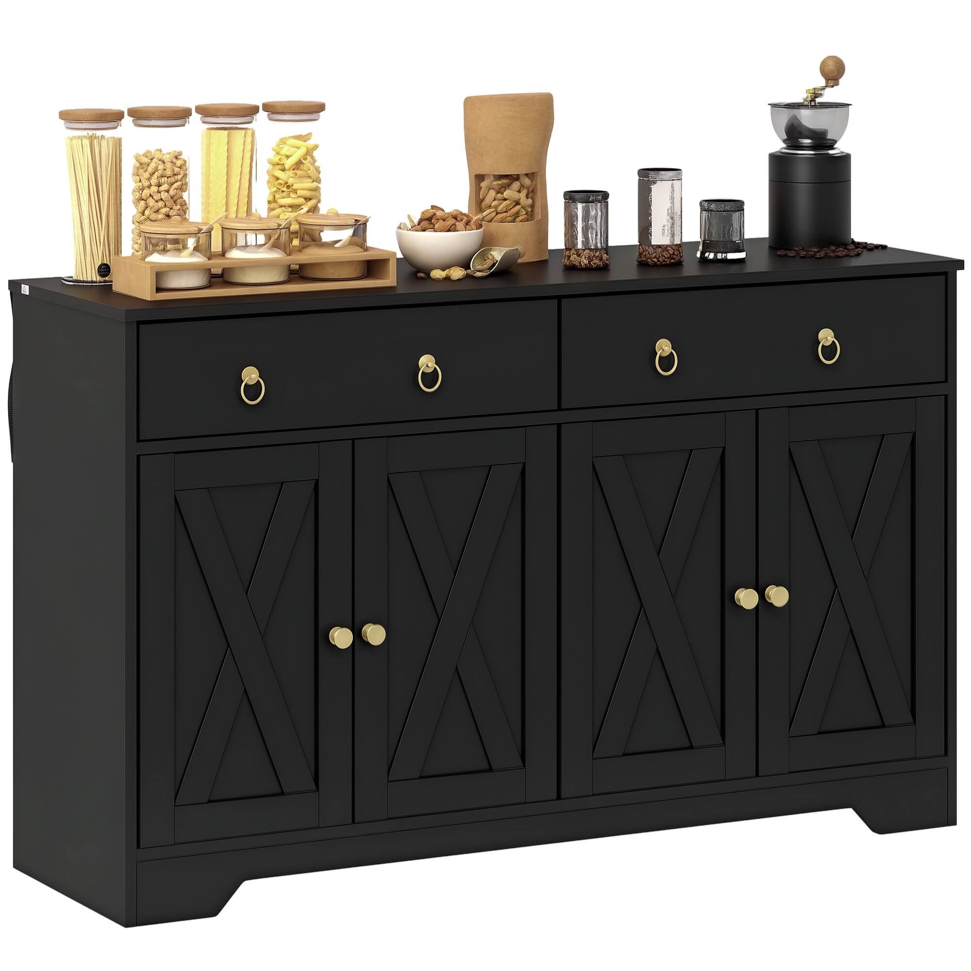 Homcom - Sideboard Buffet Cabinet with Storage, 48" Kitchen Storage Cabinet with 2 Drawers and 4 Barn Doors,Bar Cabinet - Black