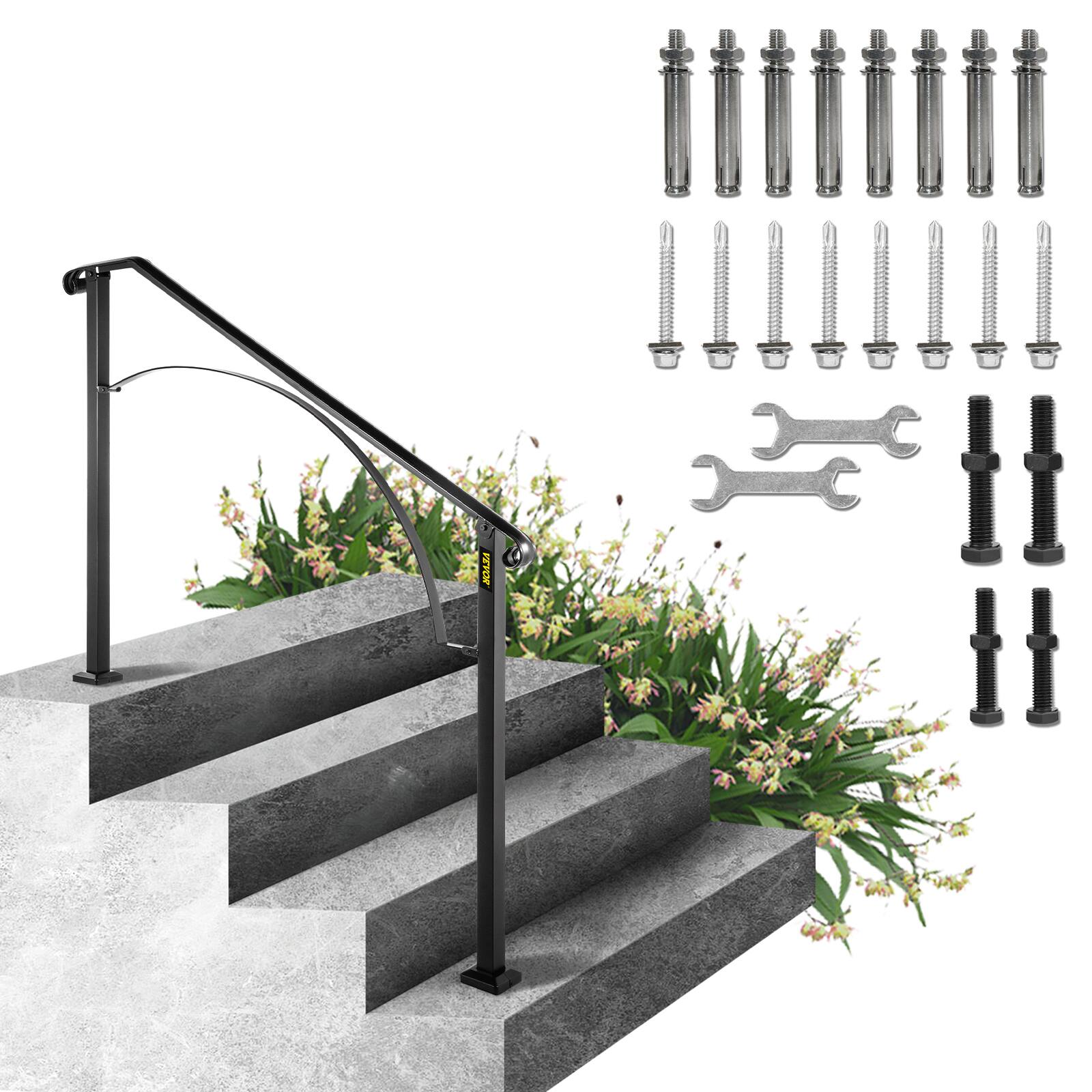 VEVOR - Handrails for Outdoor Steps, Fit 3 or 4 Steps Outdoor Stair Railing, Arch 3 Wrought Iron Handrail - Black