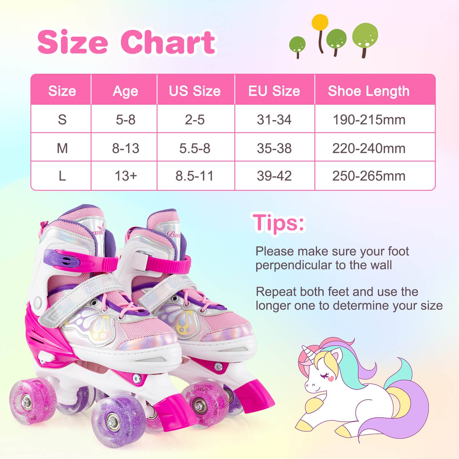 **Size Chart**

| Size | Age  | US Size | EU Size | Shoe Length |
|------|------|---------|---------|-------------|
| S    | 5-8  | 2-5     | 31-34   | 190-215mm    |
| M    | 8-13 | 5.5-8   | 35-38   | 220-240mm    |
| L    | 13+  | 8.5-11  | 39-42   | 250-265mm    |

**Tips:**

- Please make sure your foot perpendicular to the wall
- Repeat both feet and use the longer one to determine your size