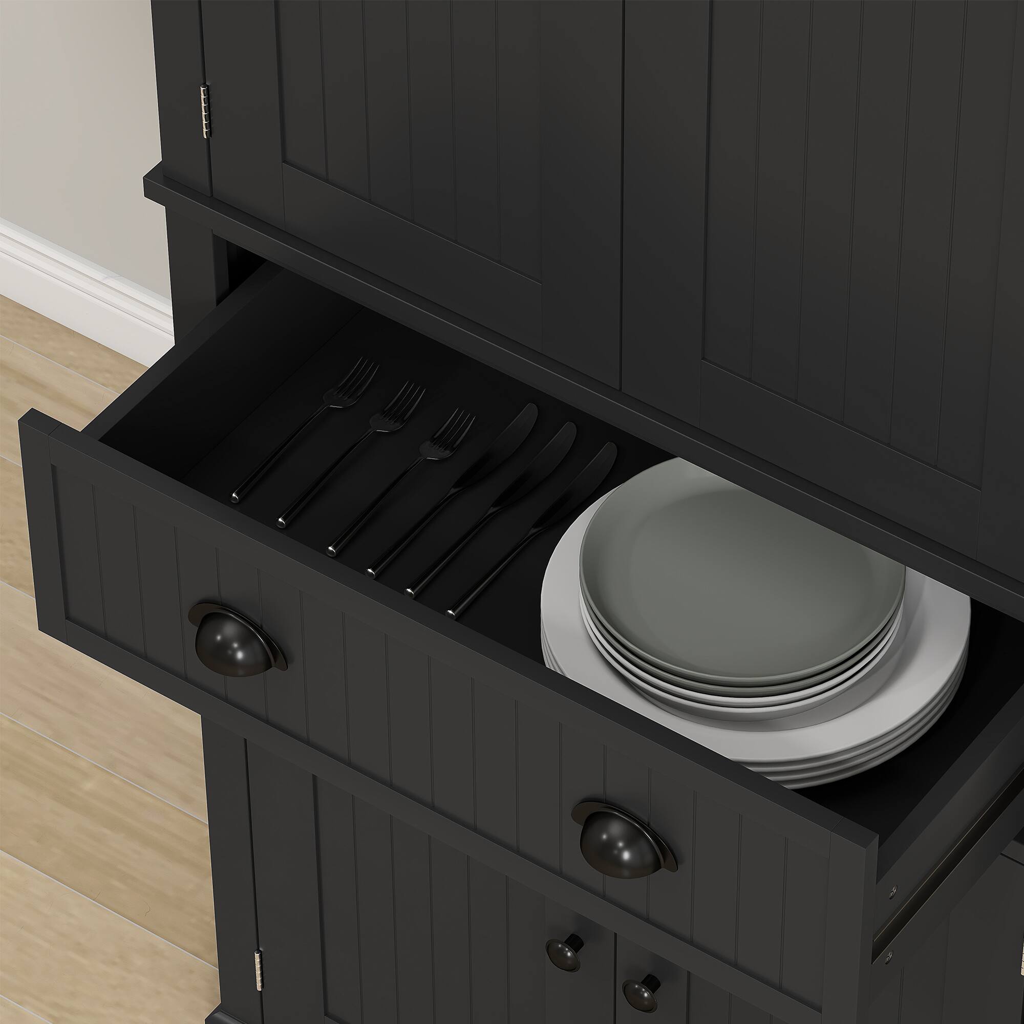 Alt View 8. Homcom - 72" Kitchen Pantry Cabinet, Freestanding Storage Cabinet with 4 Doors, Drawer and 3 Adjustable Shelves for Dining Room - Black.