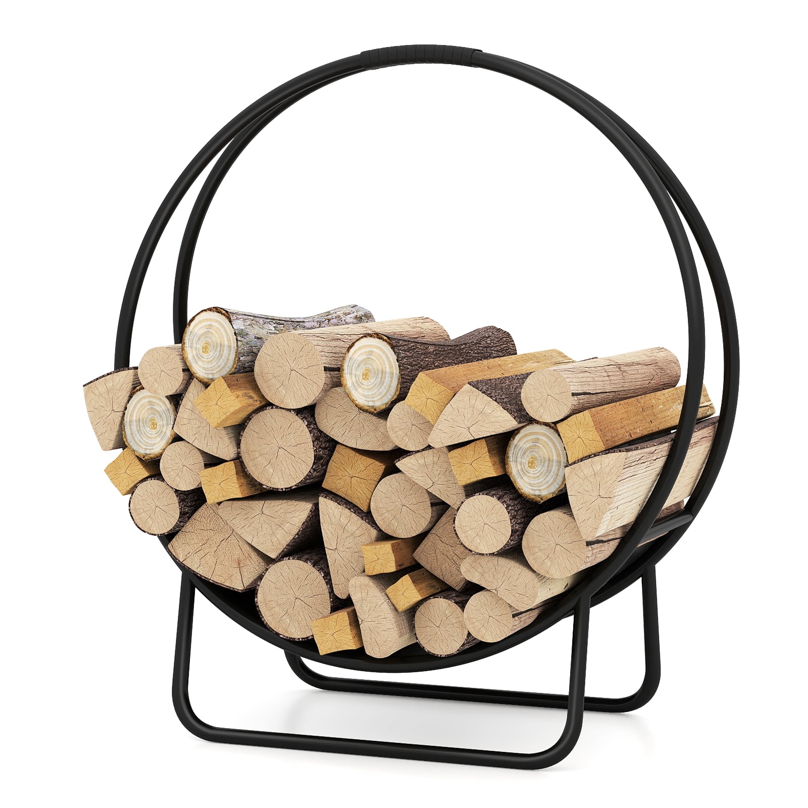 Gymax - 20'' Round Heavy-duty Metal Curved Log Rack w/Stand for Fireplace Pit Stove - Black