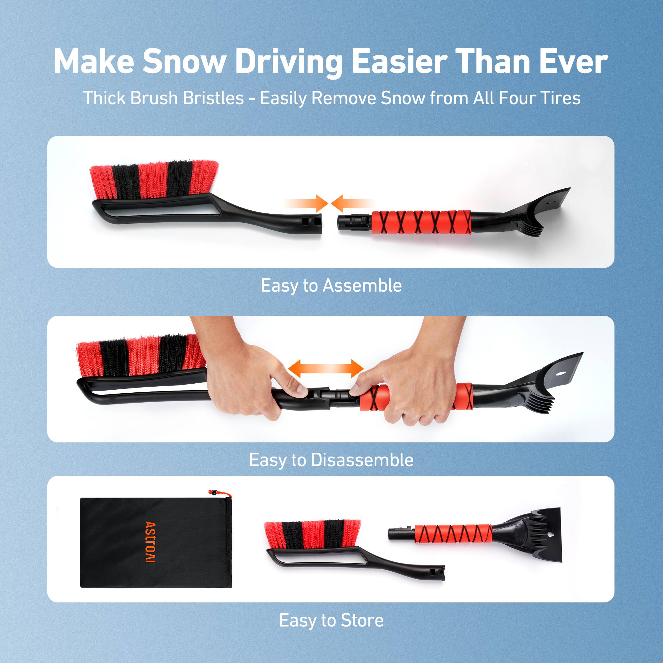 Make Snow Driving Easier Than Ever

Thick Brush Bristles - Easily Remove Snow from All Four Tires

Easy to Assemble

Easy to Disassemble

Easy to Store