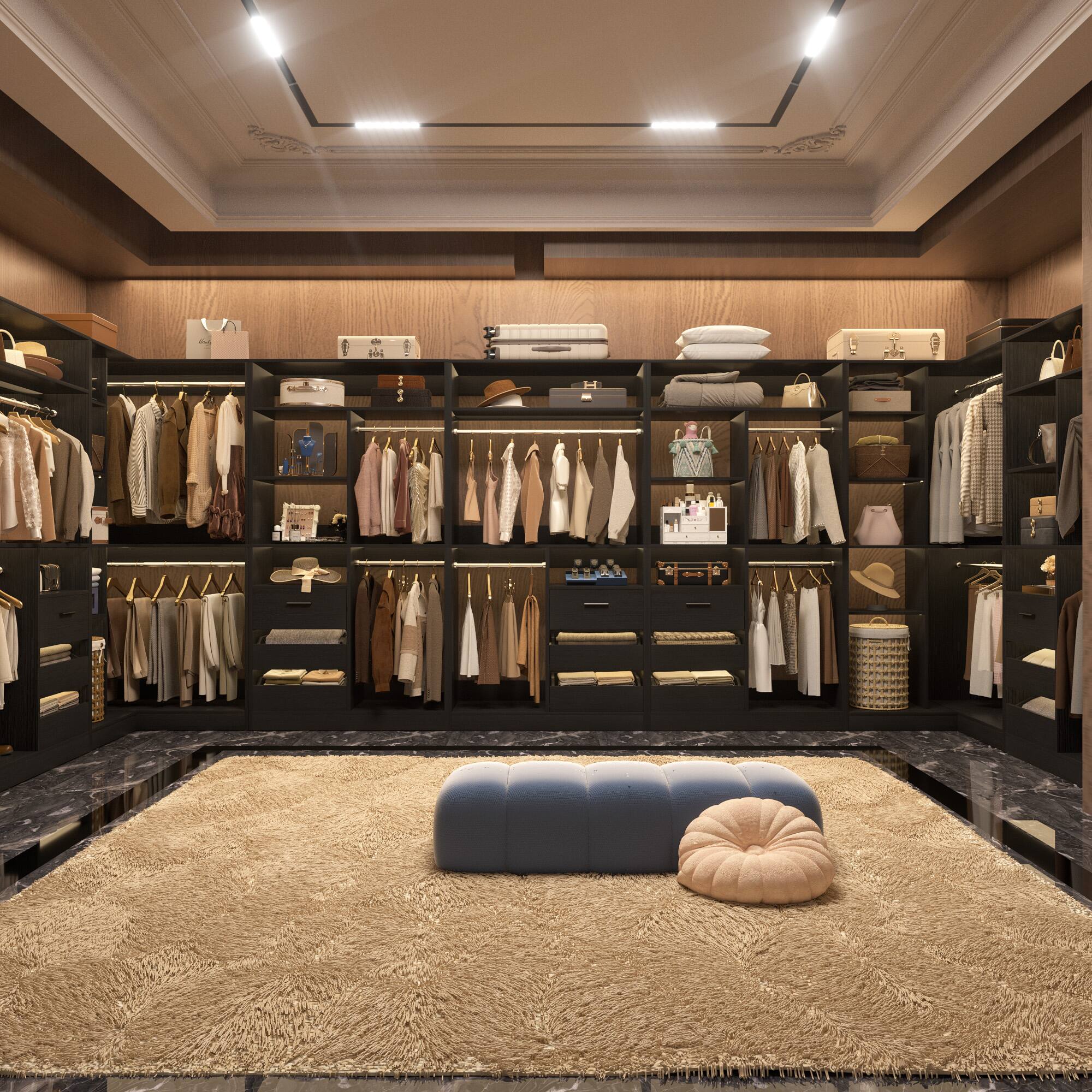 Back. Aheaplus - 6-9 FT L-Shaped Walk-In Closet with 6 Drawers, 6 Hanging Rods & Open Shelves, Heavy Duty Bedroom Wardrobe - Black.