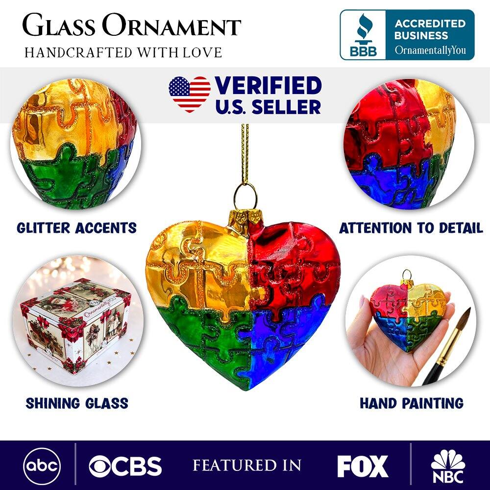 **GLASS ORNAMENT**  
HANDCRAFTED WITH LOVE  

**VERIFIED U.S. SELLER**  

- GLITTER ACCENTS  
- ATTENTION TO DETAIL  
- SHINING GLASS  
- HAND PAINTING  

**ACCREDITED BUSINESS**  
OrnamentallyYou  

**FEATURED IN**  
abc | CBS | FOX | NBC