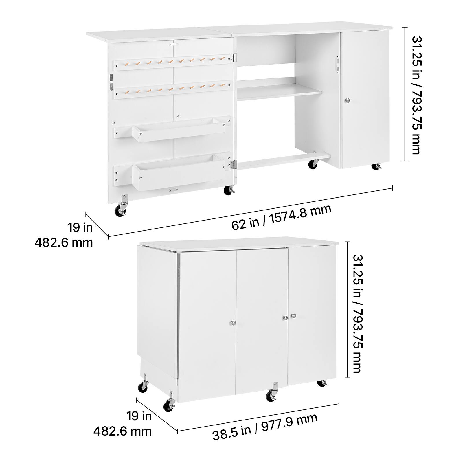 31.25 in / 793.75 mm  
19 in / 482.6 mm  
62 in / 1574.8 mm  

31.25 in / 793.75 mm  
19 in / 482.6 mm  
38.5 in / 977.9 mm