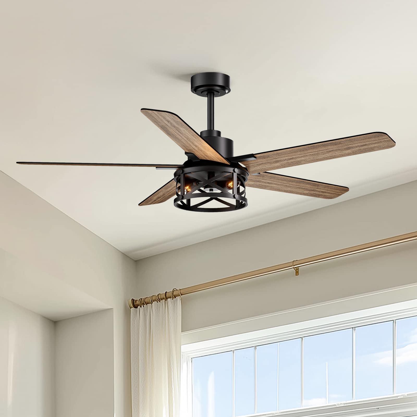 Siljoy - 52-inch Modern Farmhouse Cage Flush Mount Fan with Light APP & Remote Control for Indoor Covered Patio - Matte Black