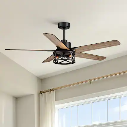 Front. Siljoy - 52-inch Modern Farmhouse Cage Flush Mount Fan with Light APP & Remote Control for Indoor Covered Patio - Matte Black.