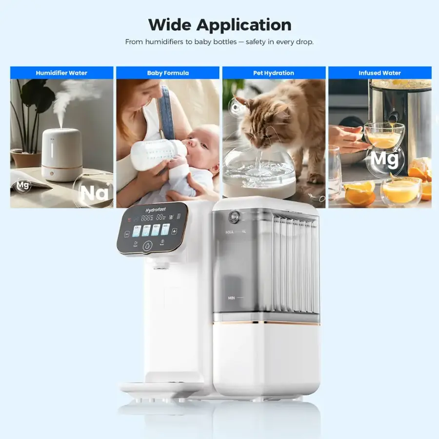 Wide Application: From humidifiers to baby bottles, safety in every drop. Humidifier Water, Baby Formula, Pet Hydration, Infused Water, Mg - Hydrofast. 2000 mg - + Mg - Na.