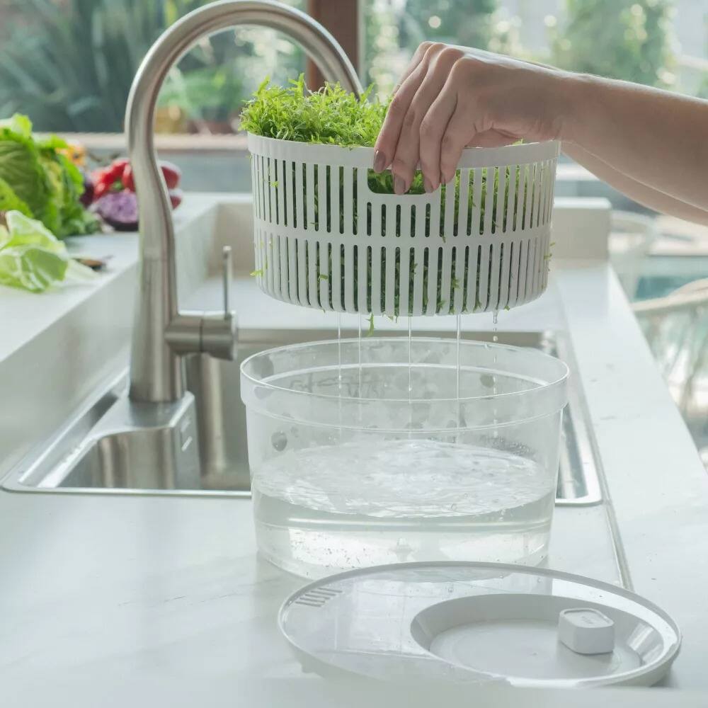 Left. OU - OU Salad Spinner Clear 5.8 qt - Vegetable Washer, Lettuce Dryer with Bowl, Lid & Storage Container.