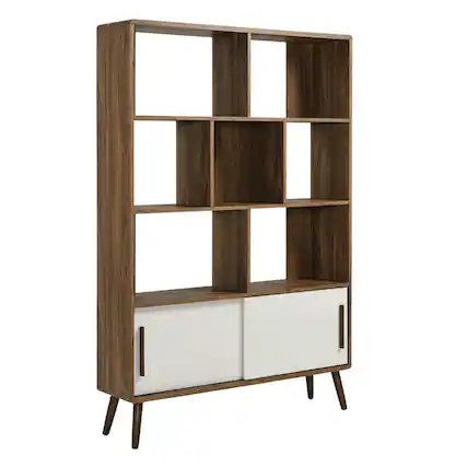 Front. FurniFact - Wooden Bookcase with Sliding Doors for Living Room Storage - Brown.