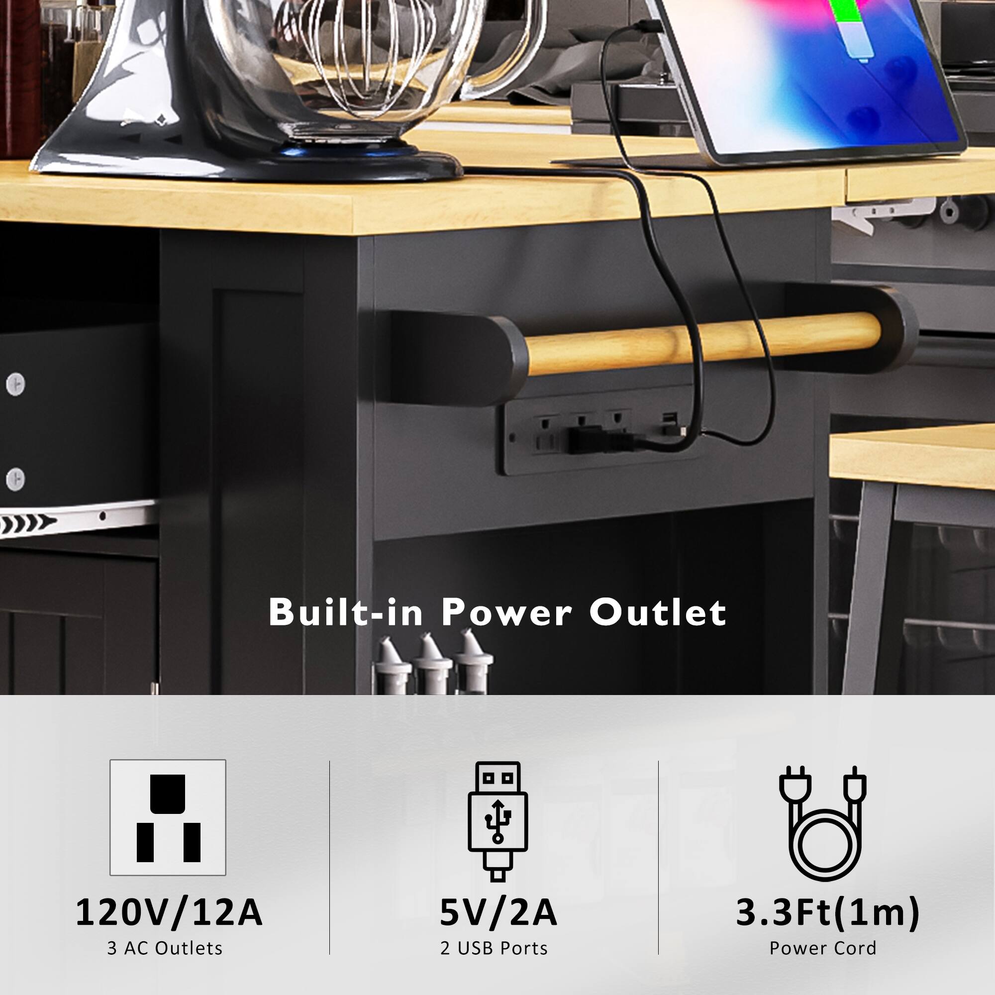 Built-in Power Outlet

- 120V/12A
  - 3 AC Outlets
- 5V/2A
  - 2 USB Ports
- 3.3Ft (1m) Power Cord