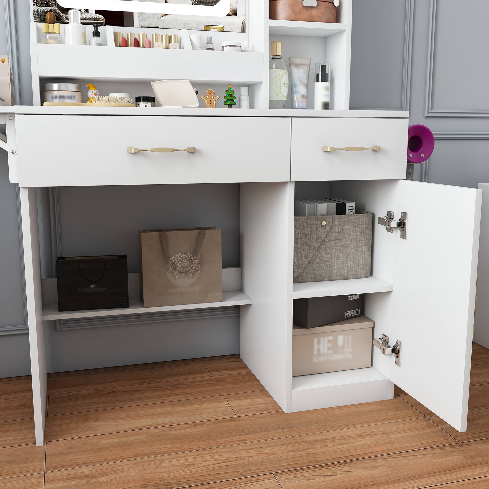 Alt View 9. GOODSILO - Elegant Vanity Desk with LED Mirror Lights, Power Outlet Charging Station, and Storage Stool - White.