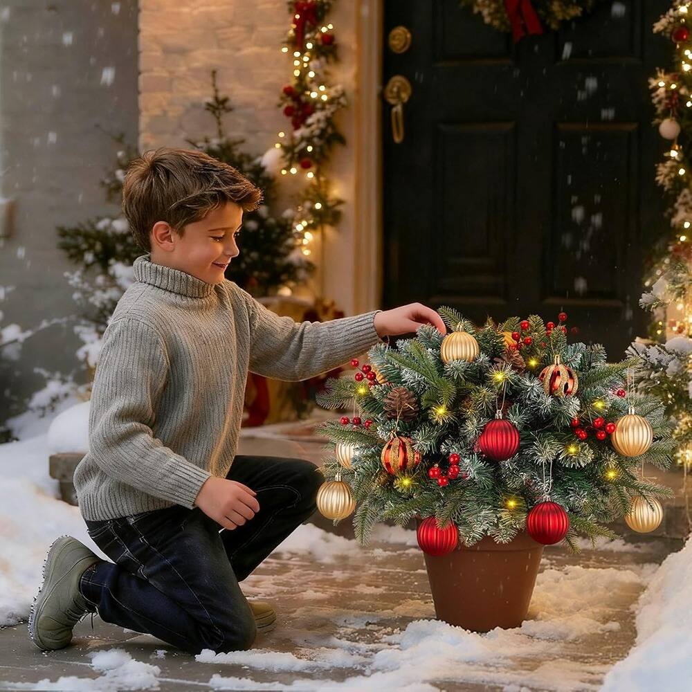 Back. RTMB - 26" Pre-Lit Artificial Christmas Tree Urn Filler w/ Pine Cones & Ornaments - Classic Green.