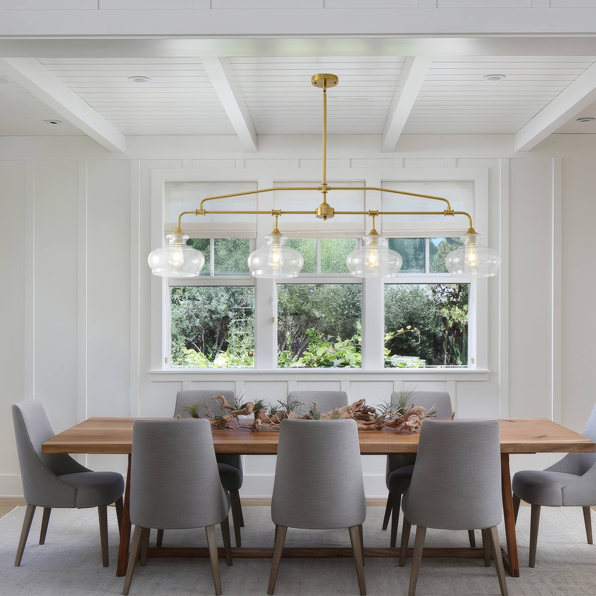 Back. RYHNUYNE - 4-Light Adjustable Brass Kitchen Island Pendant Light with Clear Glass Shades Farmhouse Chandelier for Dining Table - Brass.