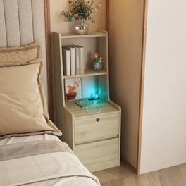 LUCKY ONE - 15.7" Assembled Nightstand with Charging Station Voice Light USB Storage - Wood
