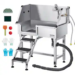 VEVOR - Stainless Steel Dog Washing Station, 34 inch Pet Grooming Tub w/ Storage Stairs, Faucet & Showerhead