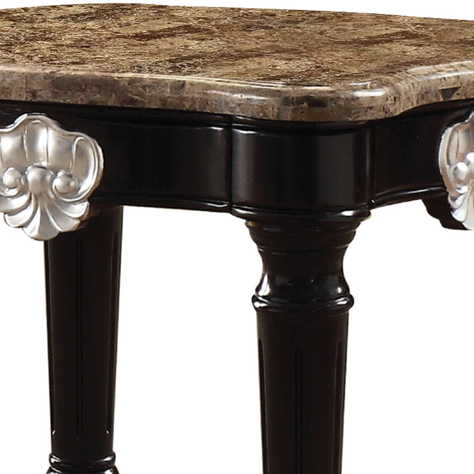 Alt View 2. Manhattan Lane - Marble Top End Table With Contrast Carved Motif Turned Wood Legs - Black.